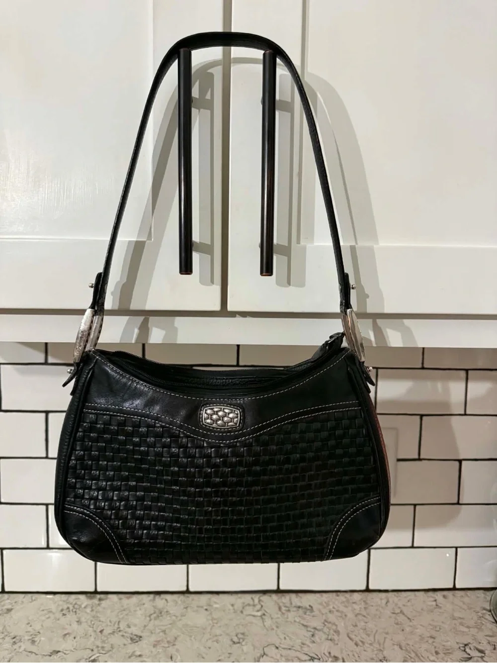 Brighton Black Woven Leather Shoulder Bag with Silver Accents